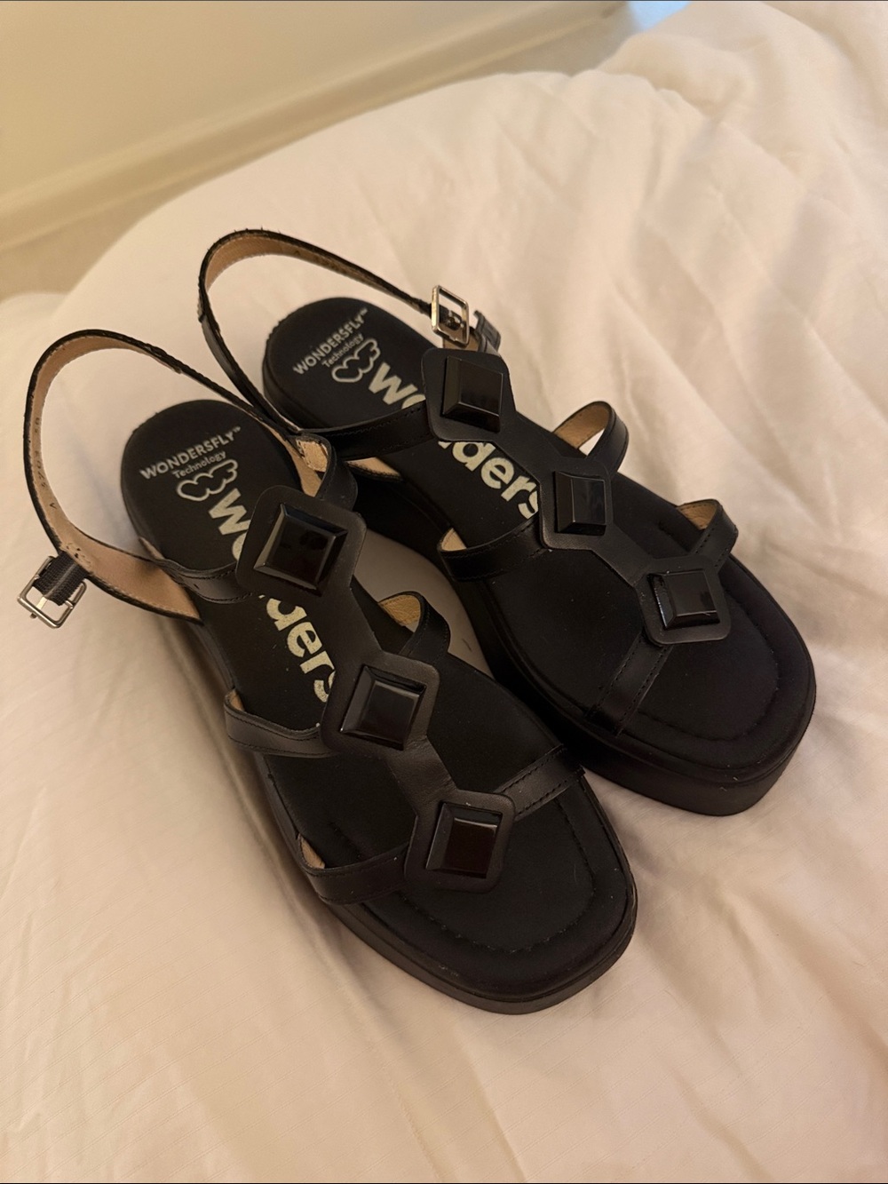 Wonders by Wonders Black Slingback Platform Sandals with Geometric Accents